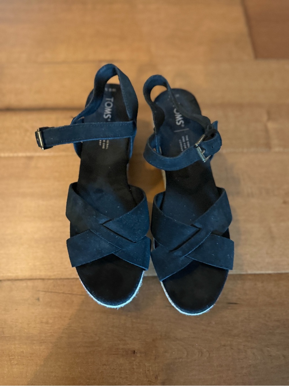 TOMS Black Suede Crisscross Wedge Sandals with Ankle Strap